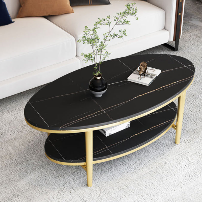 Glam Iron 4 Legs Cocktail Table with Shelf Oval Slate Top Coffee Table