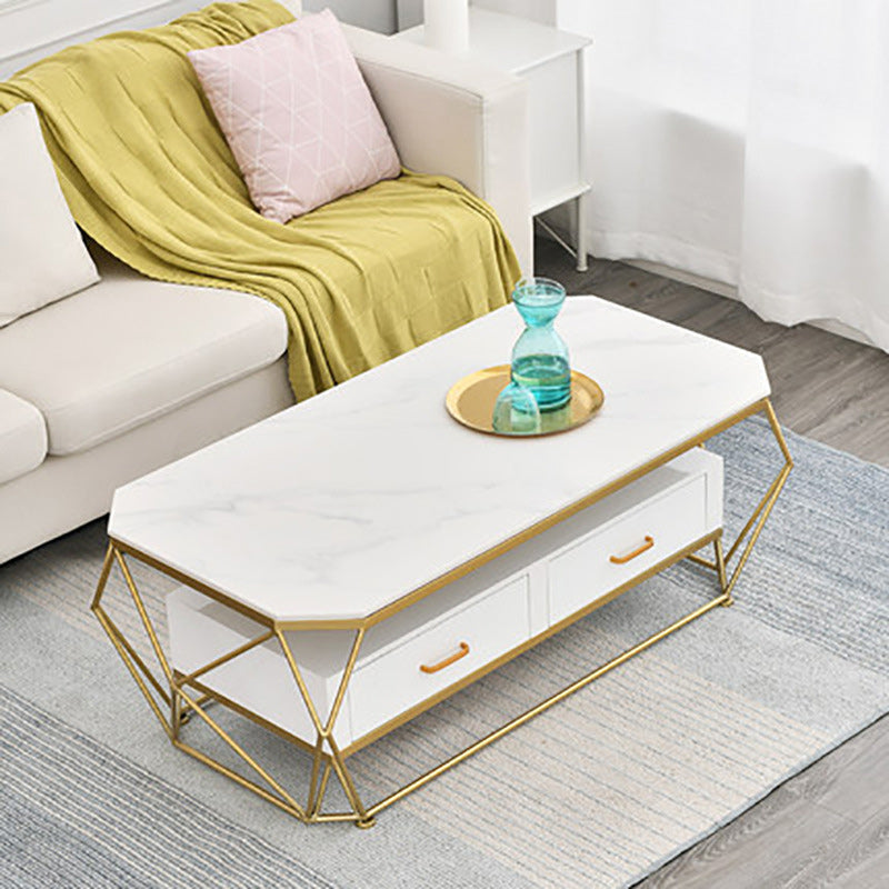 Slate Rectangular Coffee Table Golden Frame Abstract Cocktail Table with Drawer