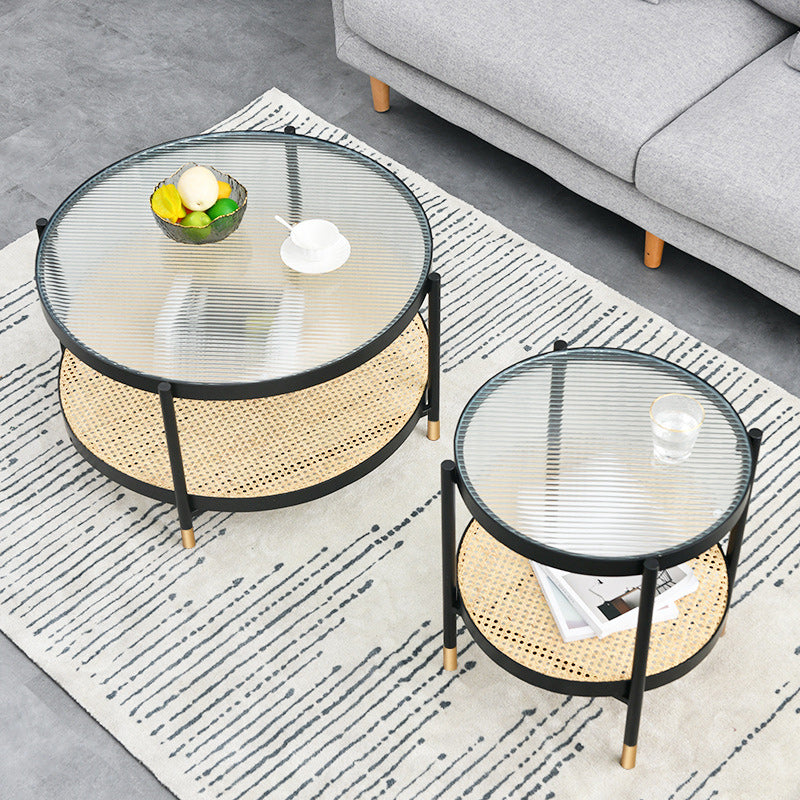 Moderner klarer Glas Couchtisch mit Aufbewahrung rund 4 Beine Cocktailtisch Set