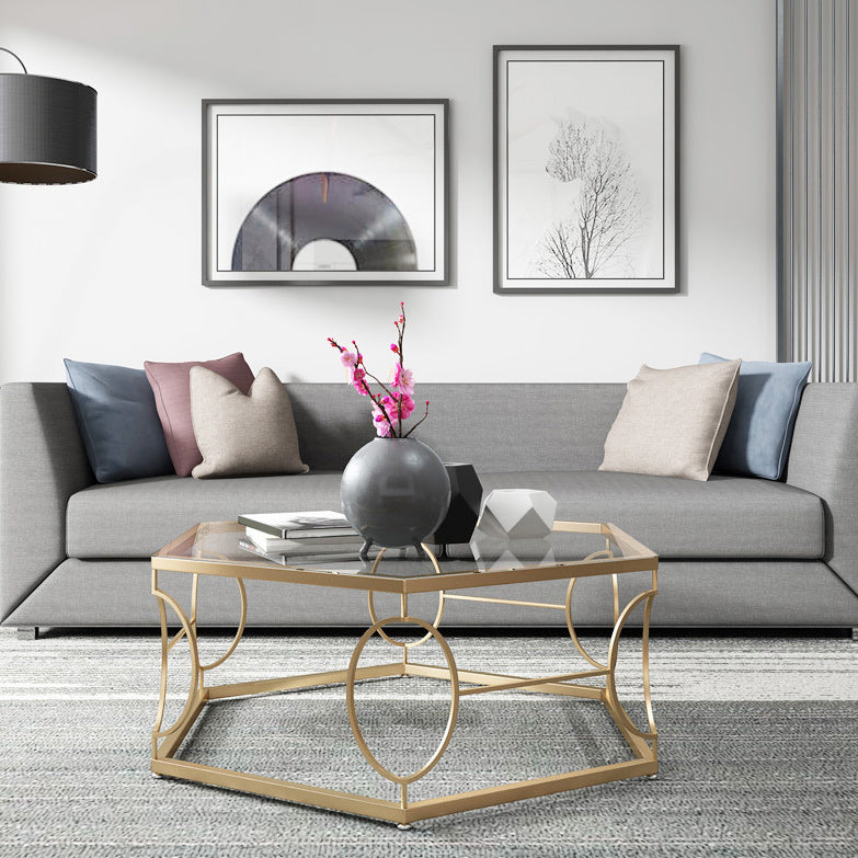 Glass & Marble Hexagon Coffee Table Modern Style Frame Cocktail Table