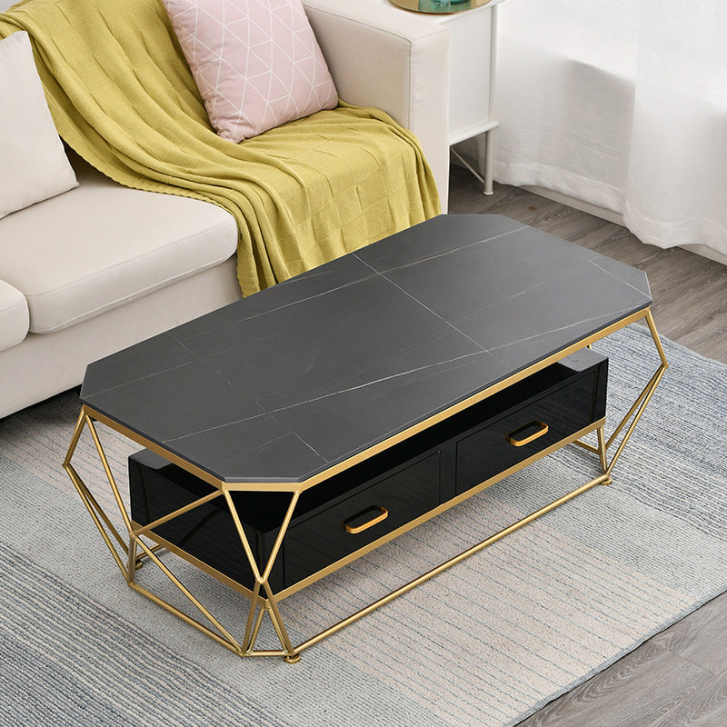 Geometric Slate 2 - Drawer Coffee Cocktail Table with Storage Shelf Black Gold Clearhalo 'Coffee & Accent Tables' 'Coffee Tables' 'coffee_tables' 'furn' 'furn_coffee_tables' 'Furniture' 'Living Room Furniture' 6315053