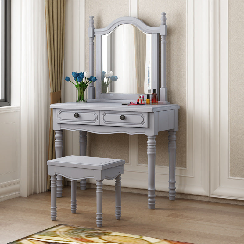 Three Piece Traditional Mirrored Vanity Set Solid Wood Dresser Makeup Vanity & Mirror & Stools Grey Clearhalo 'Bedroom Furniture' 'furn' 'furn_makeup_vanities' 'Furniture' 'Makeup Vanities' 'makeup_vanities' 6315194