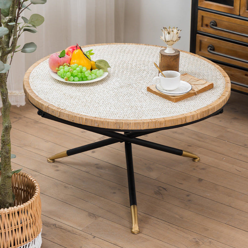Cross Legs Round Glass Coffee Cocktail Table with Rattan Accent 31.5"L x 31.5"W x 18.5"H Wicker & Rattan Clearhalo 'Coffee & Accent Tables' 'Coffee Tables' 'coffee_tables' 'furn' 'furn_coffee_tables' 'Furniture' 'Living Room Furniture' 6322540
