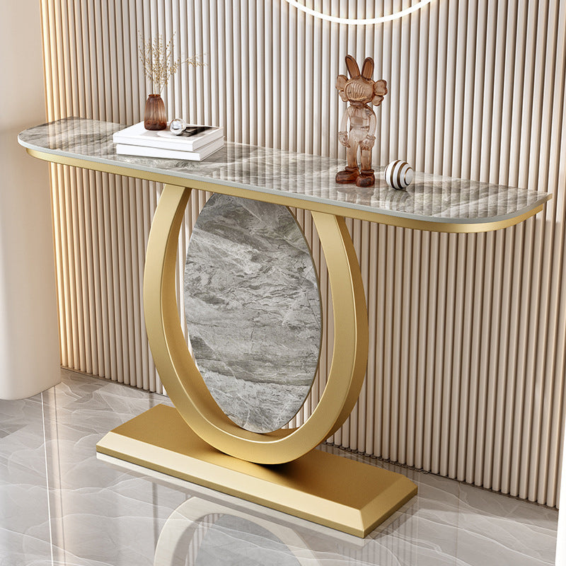 Stone Half Moon Accent Table 1-shelf 31.5" Tall Console Table for Hall Gray-Gold Clearhalo 'Console Tables' 'console_tables' 'Entry & Mudroom Furniture' 'furn' 'furn_console_tables' 'Furniture' 6334444