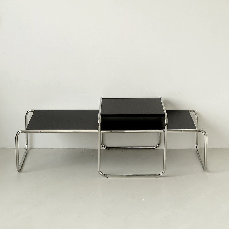 Tavolino in legno massello rettangolo contemporaneo con base in slitta in acciaio