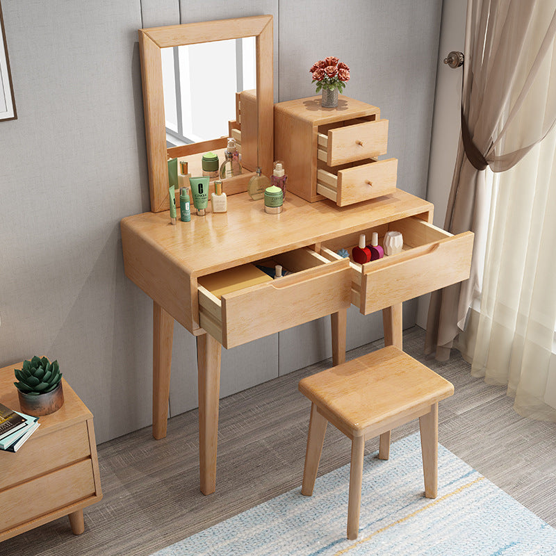 Modern 2-Drawers Table Dressing Table Solid Wood Mirror Make-up Vanity Makeup Vanity & Mirror & Stools Natural Clearhalo 'Bedroom Furniture' 'furn' 'furn_makeup_vanities' 'Furniture' 'Makeup Vanities' 'makeup_vanities' 6349218