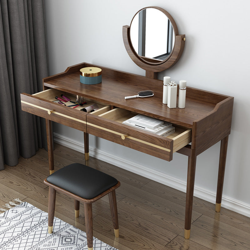 Specchio e 2 cassetti per trucco vanità tradizionale set di sgabelli da toeletta marrone
