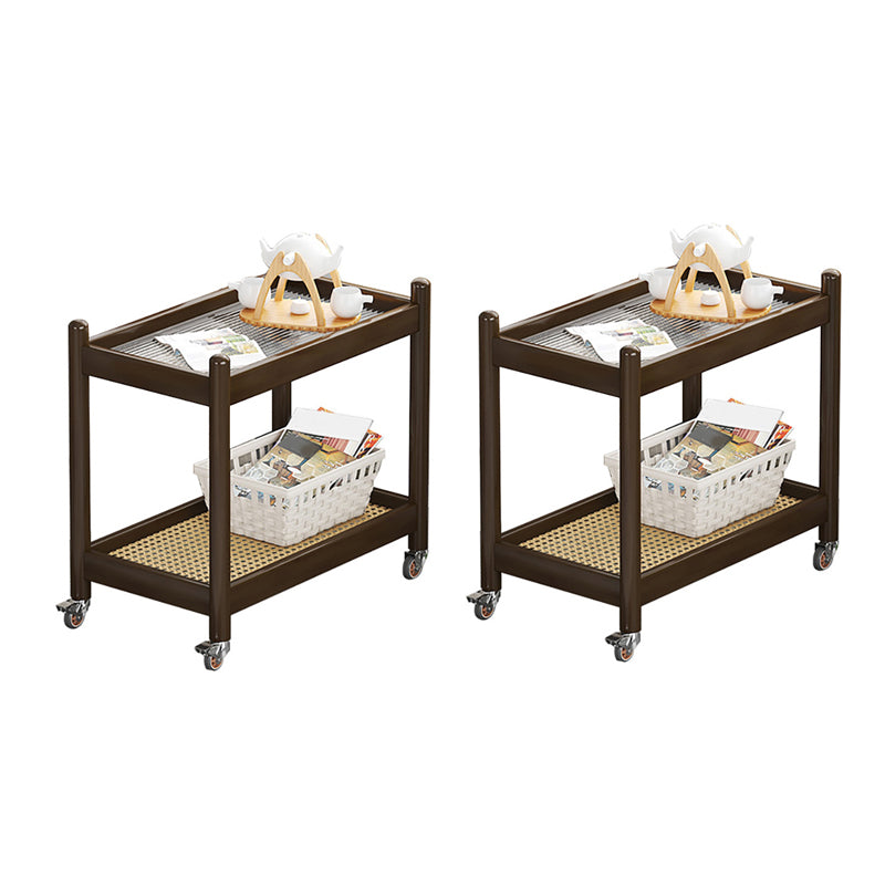 棚と車輪付きの最新の長方形のガラス上端テーブル木材ベースサイドテーブル