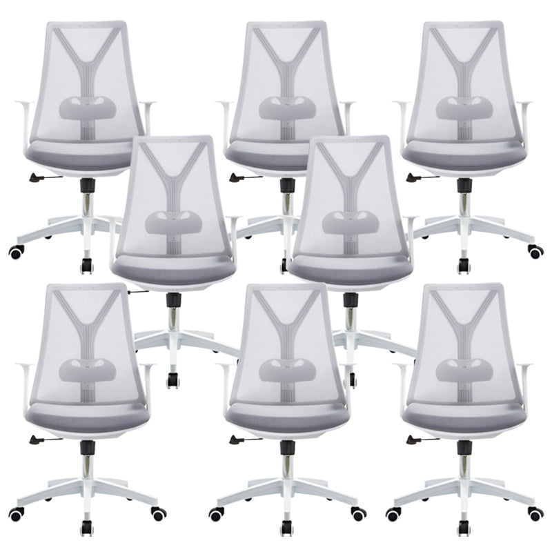 Modern Desk Chair Mesh Computer Chair Mid-Back Chair with Fixed Arm White-Gray 8 Piece Set Clearhalo 'furn' 'furn_office_chair' 'Furniture' 'Office Chairs' 'Office Furniture' 'office_chair' 6352238