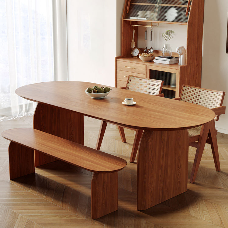 Mesa de comedor moderna de madera de fresno, mesa de madera ovalada con pedestal doble para restaurante