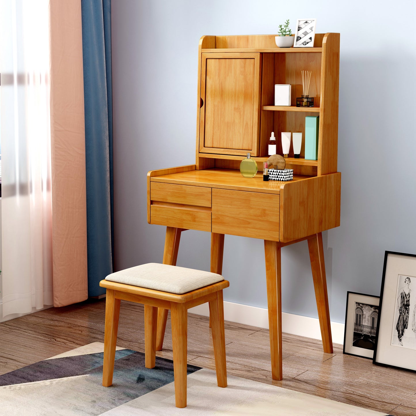 Vanity da tavolo in legno massello a 3 cassetti scandinavi con specchio