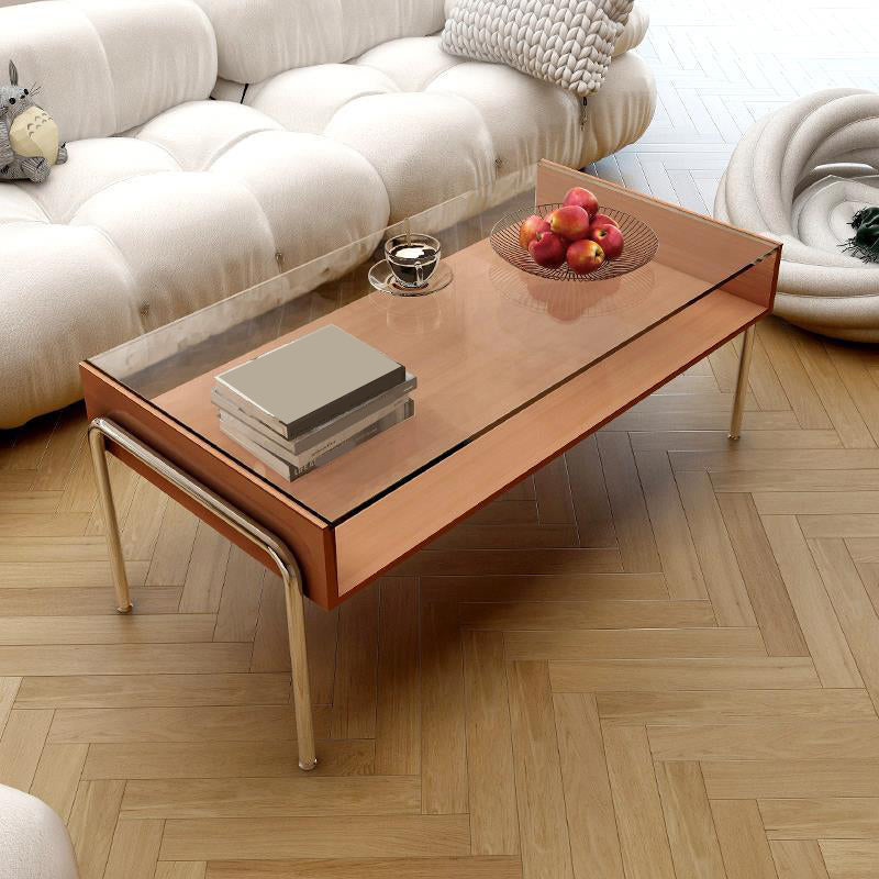 Table basse en verre contemporain en rectangle avec 1 étagère et 4 jambes