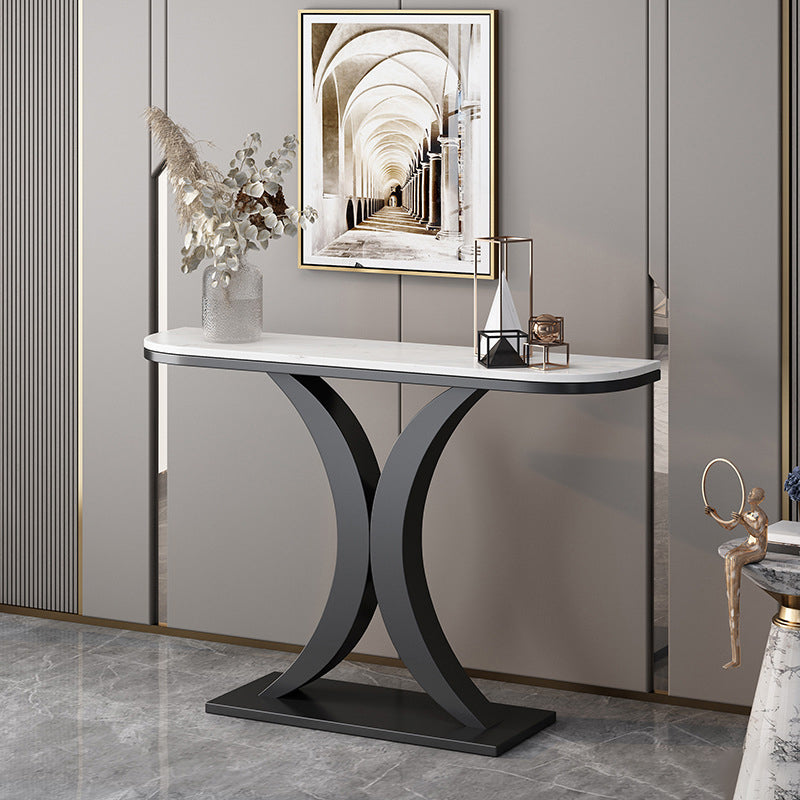 31.5" Tall Console Table 1-shelf Stain Resistant Accent Table for Hall 63"L x 12"W x 31"H White-Black Half-circle Clearhalo 'Console Tables' 'console_tables' 'Entry & Mudroom Furniture' 'furn' 'furn_console_tables' 'Furniture' 6385159