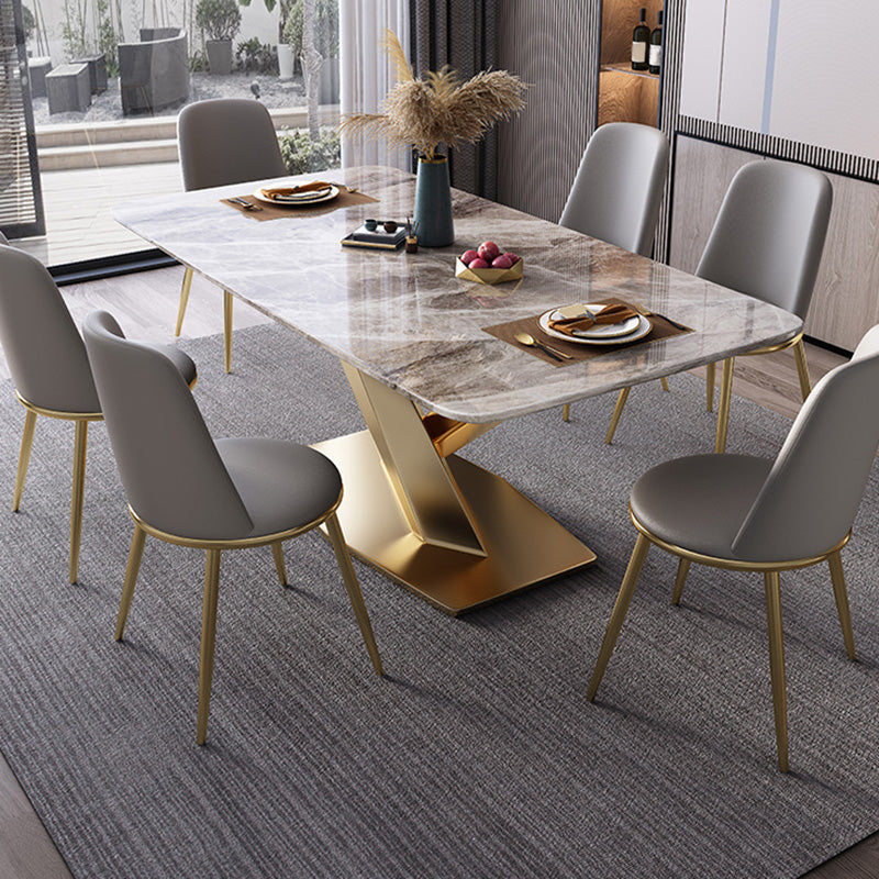 Mesa de comedor rectangular moderna, mesa superior de piedra gris brillante para el hogar