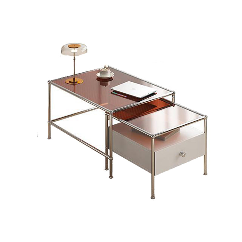 Modern 2 Nesting Glass Coffee Table Set Steel 4 Legs 1 - Drawer Cocktail Table 31"L x 24"W x 18"H + 20"L x 20"W x 16"H Brown Clearhalo 'Coffee & Accent Tables' 'Coffee Tables' 'coffee_tables' 'furn' 'furn_coffee_tables' 'Furniture' 'Living Room Furniture' 6396824