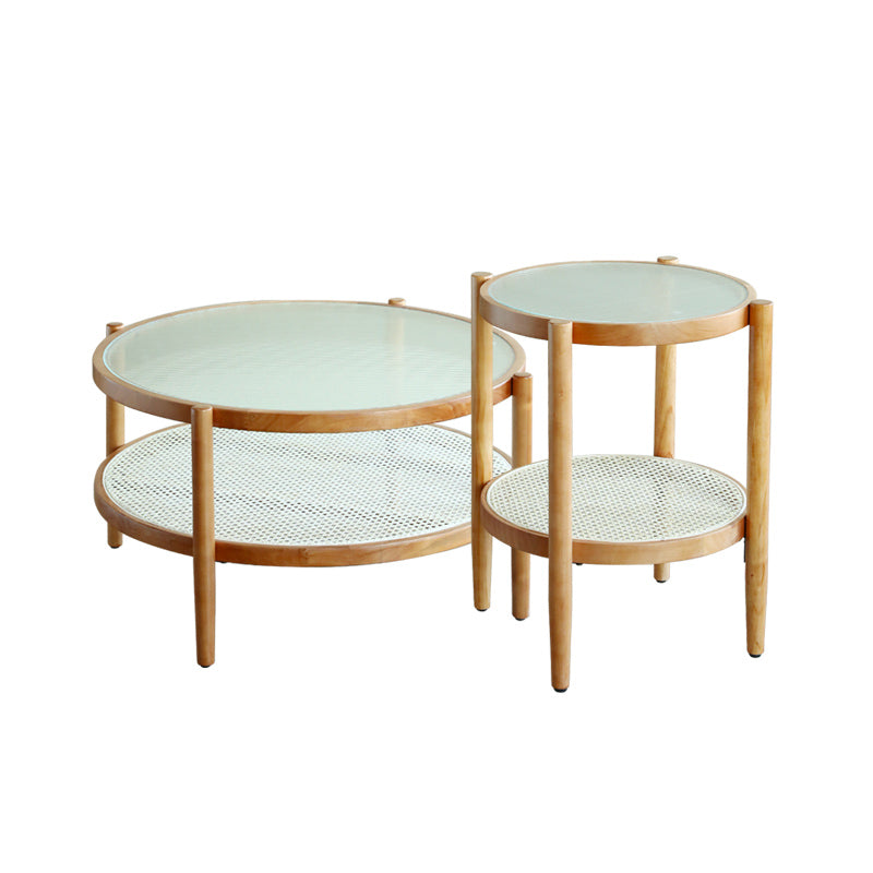 Runde Glas/ Holz -Top Couchtisch 4 Bein Cocktailtisch mit Regal