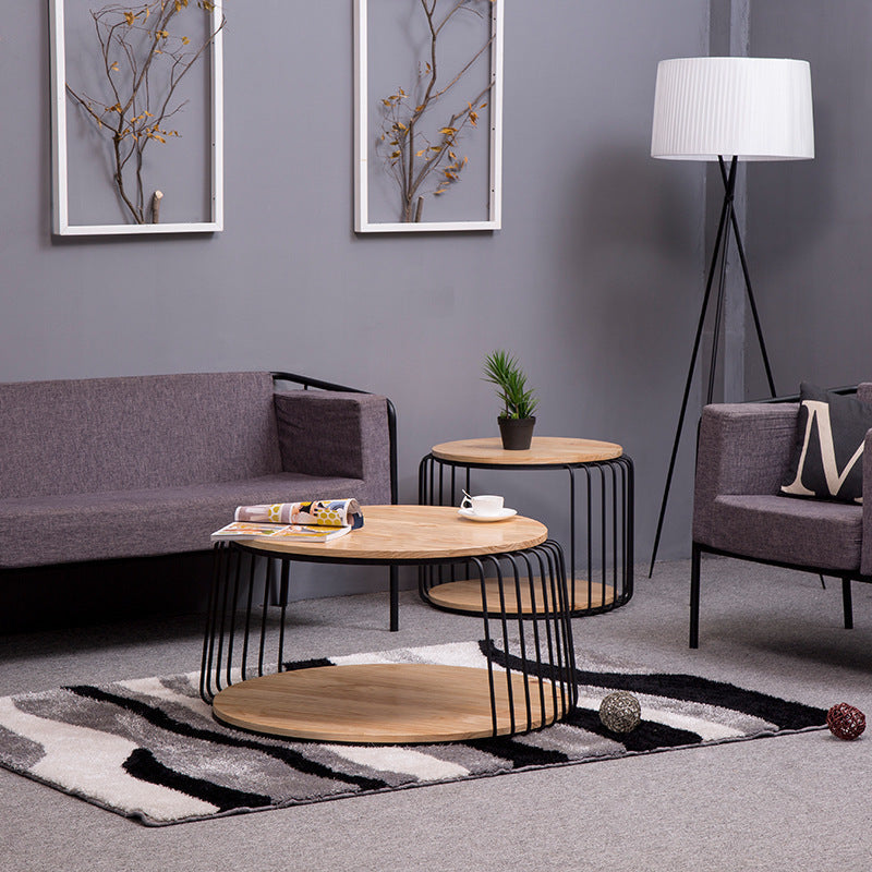 Round Solid Wood Coffee Table Drum Coffee Cocktail Table with Floor Shelf