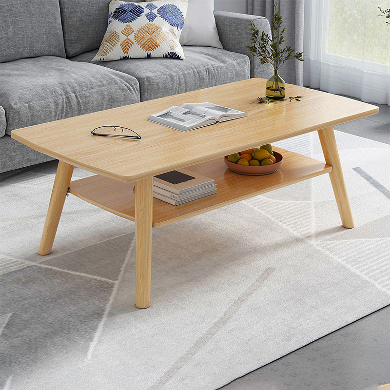 Mesa de café de madera rectangular contemporánea con estante y 4 patas de madera maciza