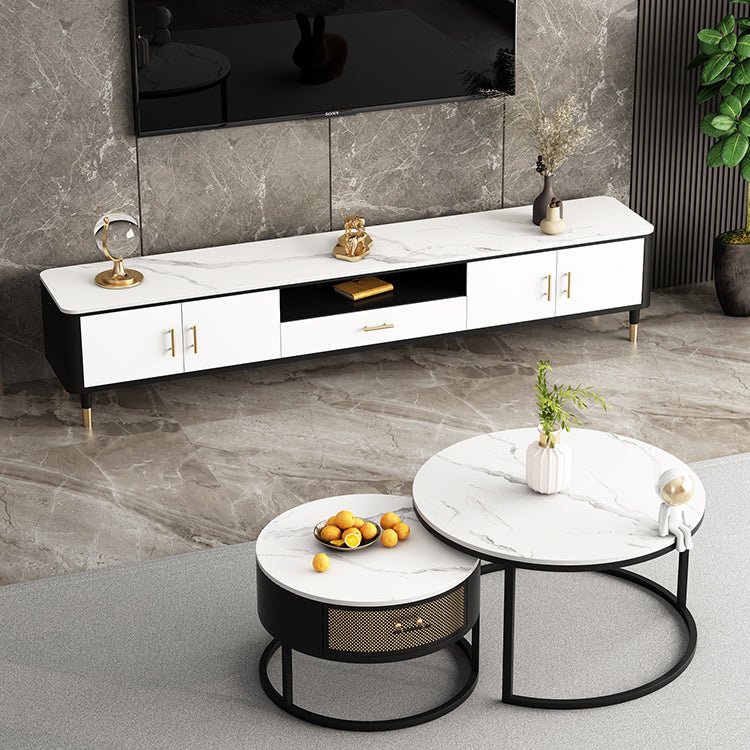 Glam Style TV Stand White Colour Stone TV Console with Open Storage Clearhalo 'furn' 'furn_tv_stands_entertainment_centers' 'Furniture' 'Living Room Furniture' 'TV Stands & Entertainment Centers' 'TV Stands & Media Storage Furniture' 'tv_stands_entertainment_centers' 6426045