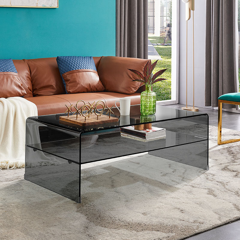 Modern Rectangle Glass Coffee Table Sled Base Cocktail Table with Shelf