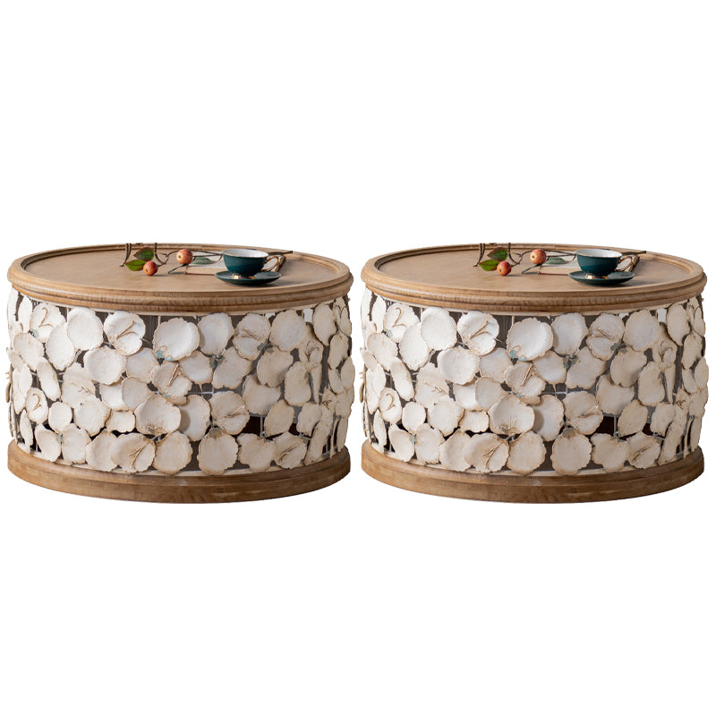 Tavolo da tamburo in legno rotondo in legno massiccio rustico con base metallica