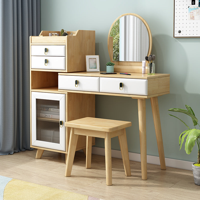 Set di vanità in gomma con sgabello e specchio scandinavo 4 cassetti