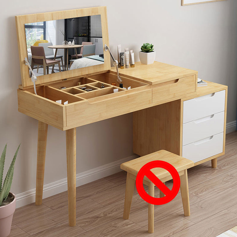 Bedroom Dressing Table Rubberwood Flip-Top Make-up Vanity with 4 Storage Drawers