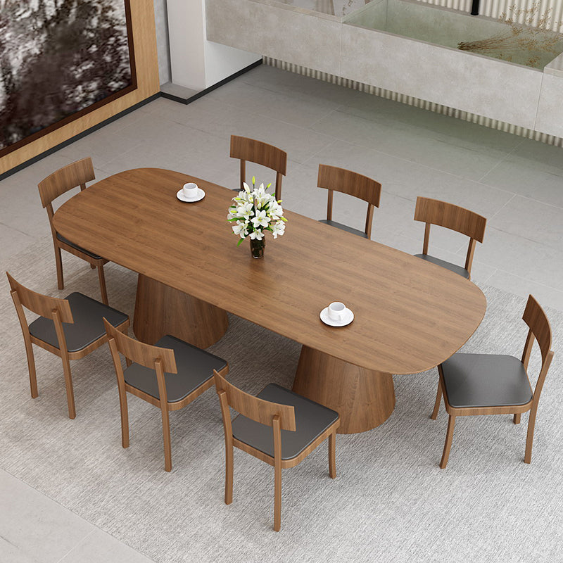 Oval Solid Wood Dining Table Contemporary Dining Table with Double Pedestal Base 86.6"L x 35.4"W x 29.5"H Without Chairs Clearhalo 'Dining Tables & Seating' 'Dining Tables' 'dining_table' 'furn' 'furn_dining_table' 'Furniture' 'Kitchen & Dining Furniture' 6451555