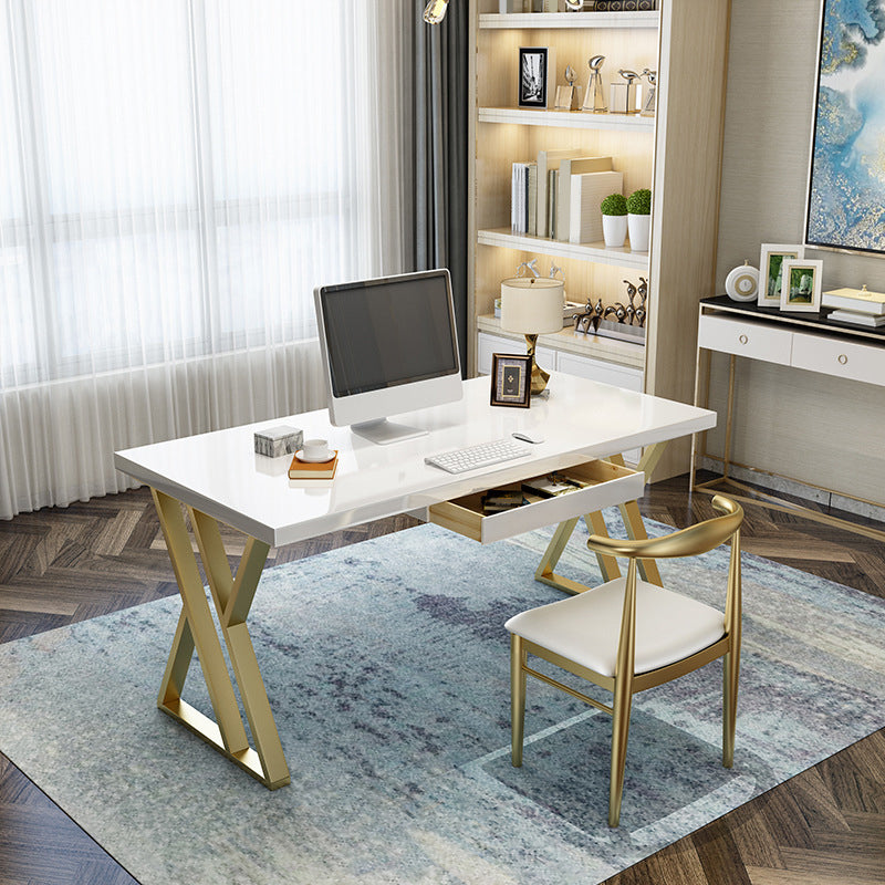 Wooden Rectangular Writing Desk Glam 29.53" Tall Office Desk with Iron Legs 55.1"L x 27.6"W x 29.5"H Drawers Clearhalo 'furn' 'furn_office_desk' 'Furniture' 'Office Desks' 'Office Furniture' 'office_desk' 6471392