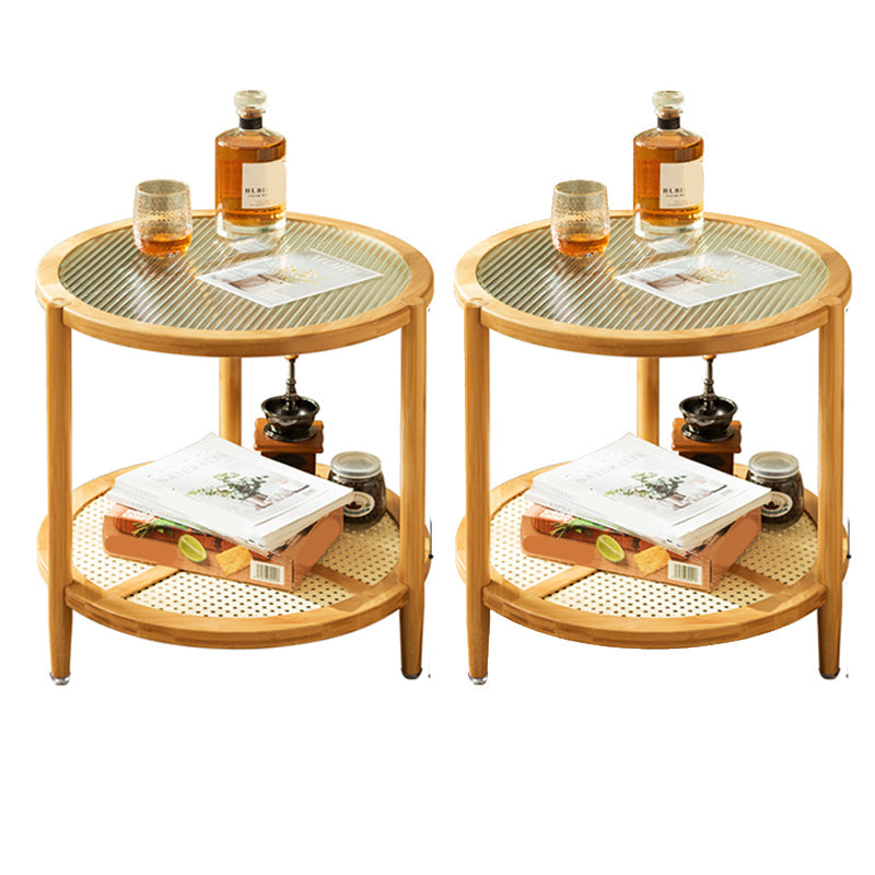 19.68" Tall Round Glass Top Side Table Wood 3 Legs End Table with Shelf