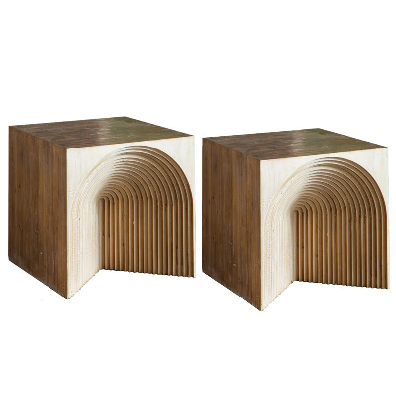 Solid Wood Drum End Table Rustic Engraved Design Accent Side Table