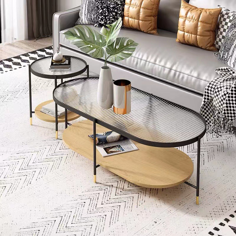 Tavolino moderno ovale / rotondo in vetro di ferro 4 gambe tavolo da cocktail con scaffale