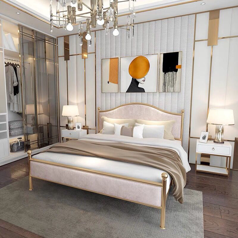 Cama de metal de marco de cama contemporáneo con cabecera tapizada