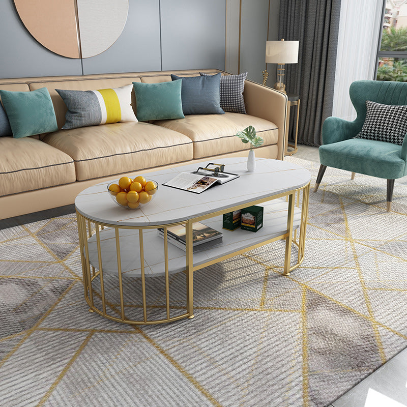 Glam Marble Coffee Cocktail Table Frame Oval Coffee Table with Shelf White Clearhalo 'Coffee & Accent Tables' 'Coffee Tables' 'coffee_tables' 'furn' 'furn_coffee_tables' 'Furniture' 'Living Room Furniture' 6505847