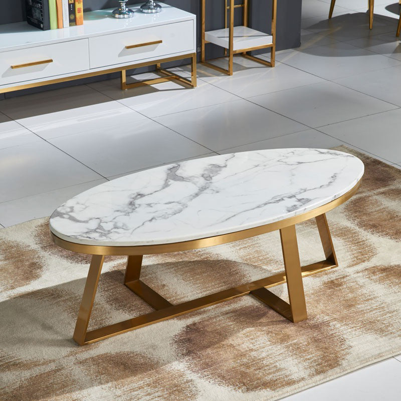 Glam Metal Cross Legs Coffee Table Faux Marble Oval Coffee Table Gold Clearhalo 'Coffee & Accent Tables' 'Coffee Tables' 'coffee_tables' 'furn' 'furn_coffee_tables' 'Furniture' 'Living Room Furniture' 6505862