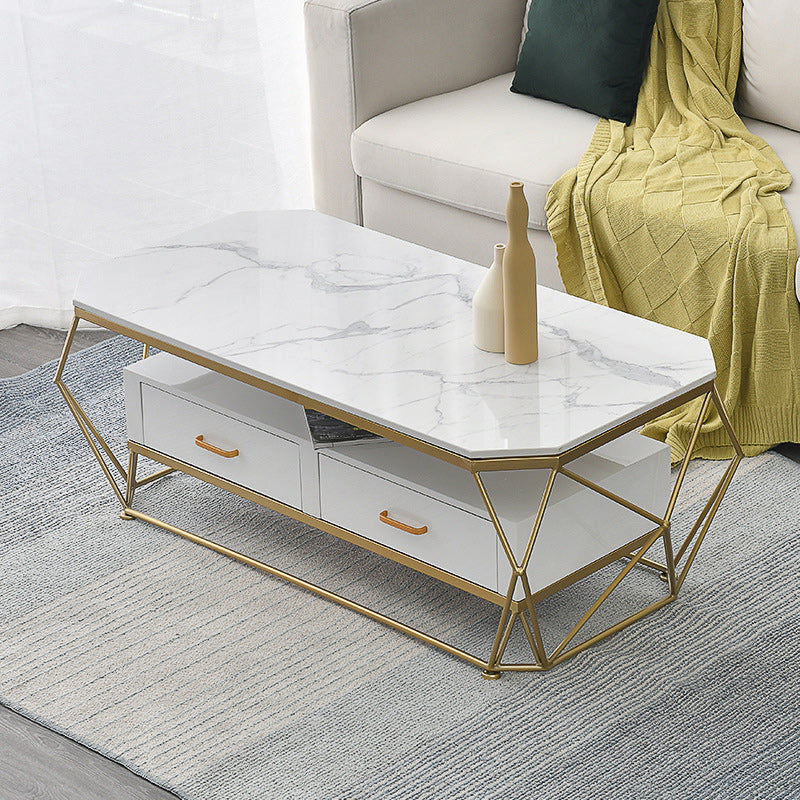 Mesa de café glamorosa con tapa de vidrio/mármol y 2 cajones y base de hierro