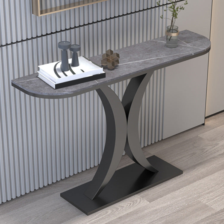 Stone Half Moon Accent Table 1-shelf 31.5" Tall End Table with Abstract Base