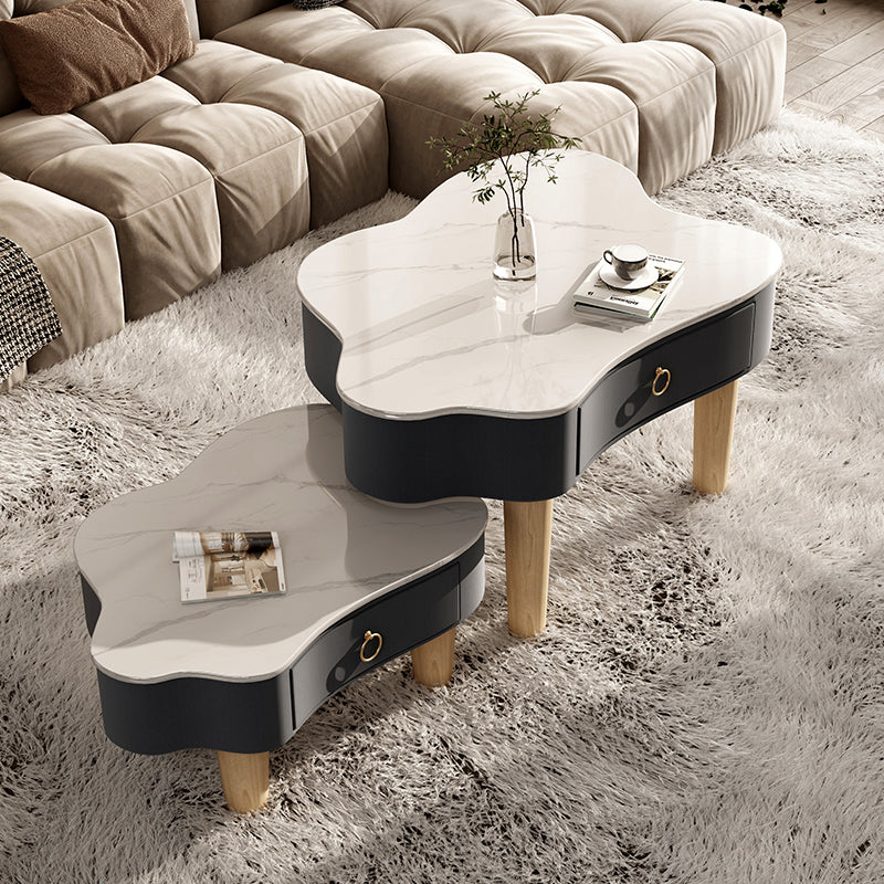 Modern Free Form Slate Cocktail Table Wood 4 Legs Coffee Table with Drawers 31"L x 24"W x 22"H + 24"L x 20"W x 16"H Beige Black Clearhalo 'Coffee & Accent Tables' 'Coffee Tables' 'coffee_tables' 'furn' 'furn_coffee_tables' 'Furniture' 'Living Room Furniture' 6523200