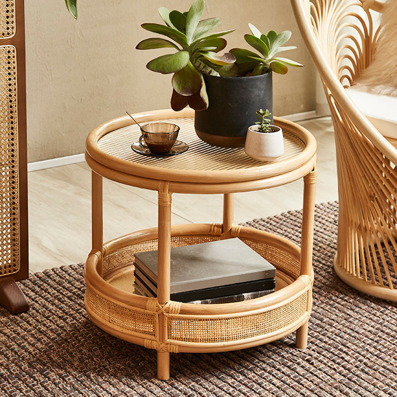 Tropical Round Cocktail Table Light Wood Coffee Cocktail Table with Storage