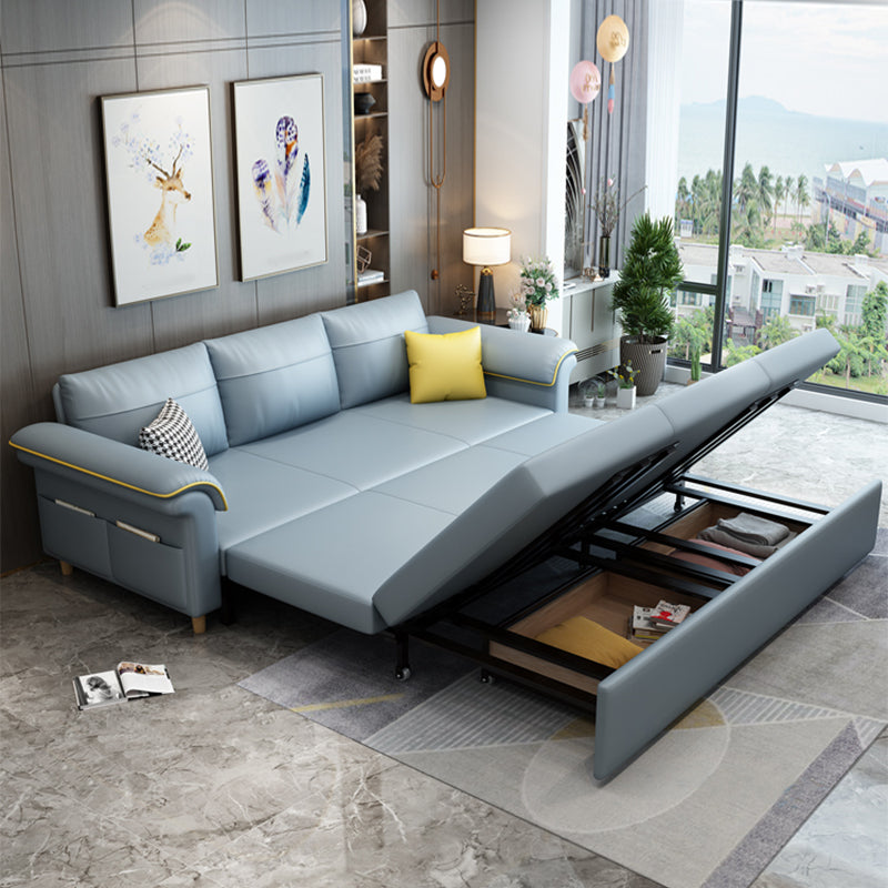 Blue Faux Leather Sleeper Sofa with Storage Scandinavian Sofa Bed