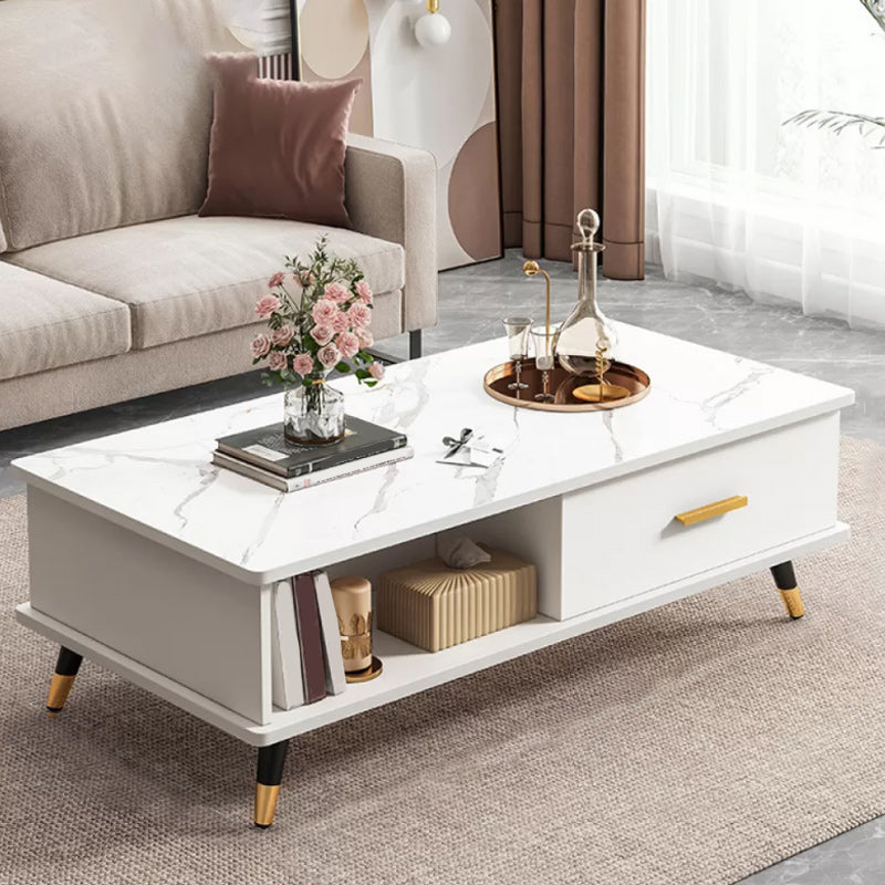 Contemporary 4 Legs Coffee Table Stone Cocktail Table with Storage Drawer