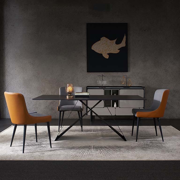 Tavolo da pranzo industriale nero rettangolare tavola in pietra con base di metallo