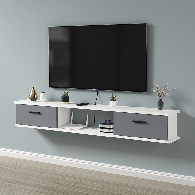 Contemporary Media Console Wooden TV Stand Console with Doors 63.0"L x 8.7"W x 9.1"H White-Gray Clearhalo 'furn' 'furn_tv_stands_entertainment_centers' 'Furniture' 'Living Room Furniture' 'TV Stands & Entertainment Centers' 'TV Stands & Media Storage Furniture' 'tv_stands_entertainment_centers' 6582658