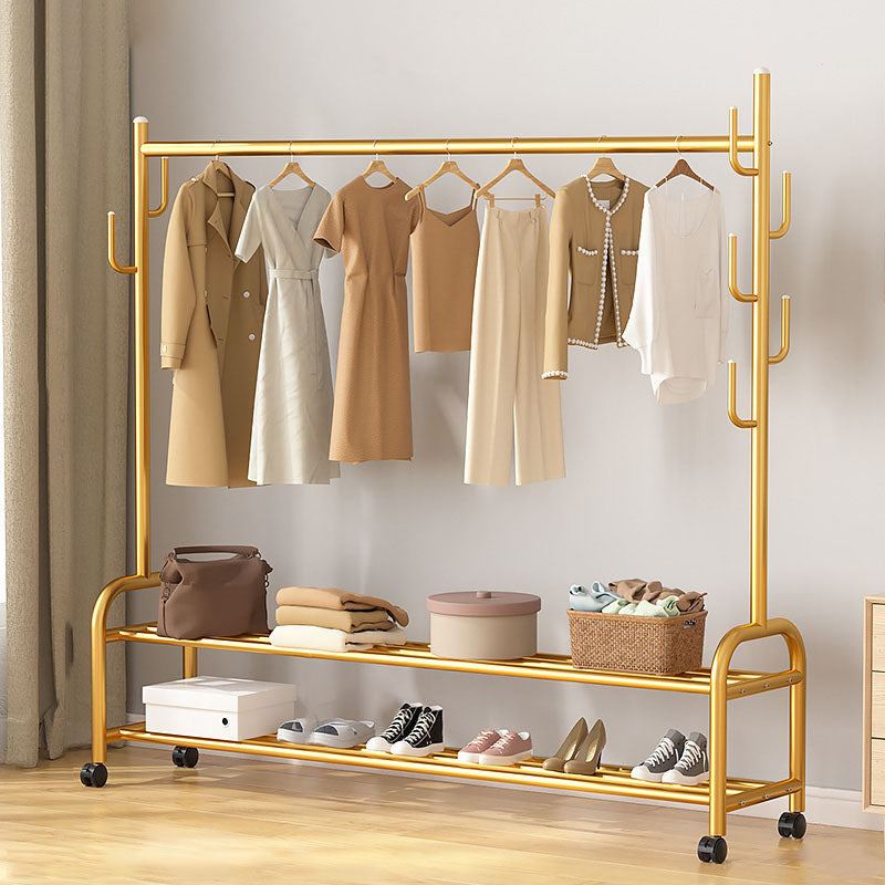 Modern Coat Rack Hanging Rail Storage Shelving and Hooks Coat Hanger 59.1"L x 14.6"W x 65.0"H Gold Clearhalo 'Entry & Mudroom Furniture' 'furn' 'furn_hall_tree_coat_racks' 'Furniture' 'Hall Trees & Coat Racks' 'hall_tree_coat_racks' 6590548