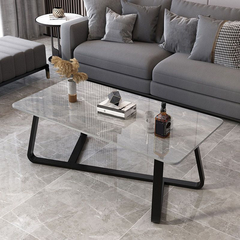 Glam Slate Coffee Table Rectangle Coffee Cocktail Table with Cross Legs