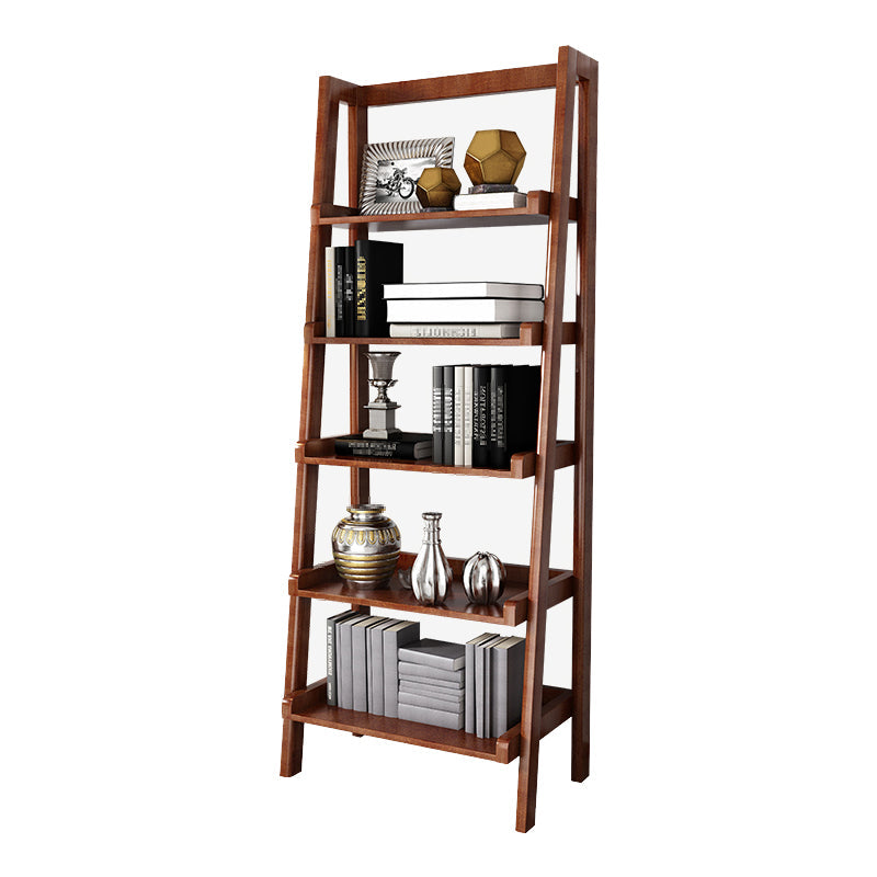 Open Back Walnut Bookcase Contemporary Ladder Bookshelf with Shelves 26"L x 14.2"W x 64.2"H Nut-Brown Clearhalo 'Bookcases' 'furn' 'furn_bookcases' 'Furniture' 'Office Furniture' 6600475