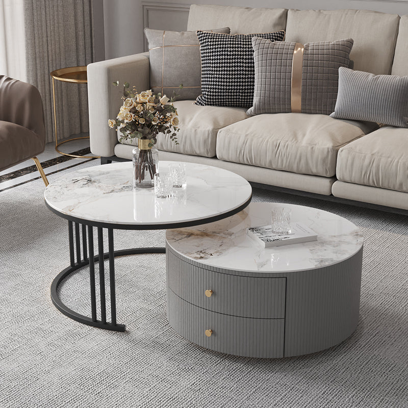 Contemporary Cocktail Table Round Glass / Slate Coffee Table with Drawers Beige Clearhalo 'Coffee & Accent Tables' 'Coffee Tables' 'coffee_tables' 'furn' 'furn_coffee_tables' 'Furniture' 'Living Room Furniture' 6607579