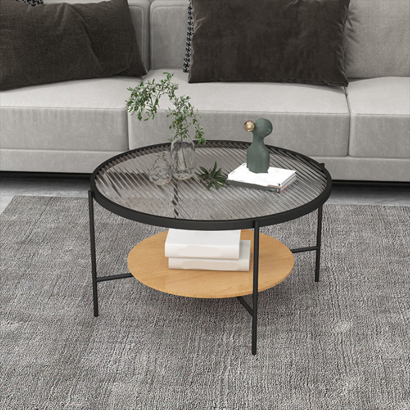Round Glass Cross Legs Coffee Cocktail Table with Storage Shelf - 17.7" H Natural Wood Black Clearhalo 'Coffee & Accent Tables' 'Coffee Tables' 'coffee_tables' 'furn' 'furn_coffee_tables' 'Furniture' 'Living Room Furniture' 6607635