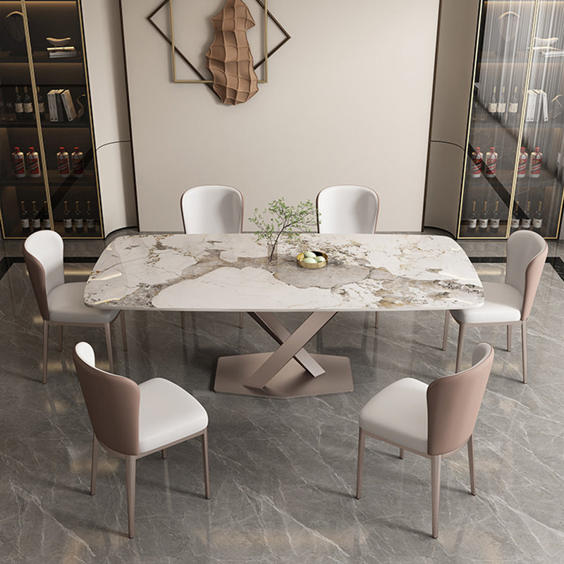 Glam Style Rectangle Table Set 1/2/5/7 Pieces Dining Set with Metal Legs 7 Pieces: Table, 6 White Chairs Clearhalo 'Dining Room Sets' 'Dining Tables & Seating' 'dining_room_set' 'furn' 'furn_dining_room_set' 'Furniture' 'Kitchen & Dining Furniture' 6612410