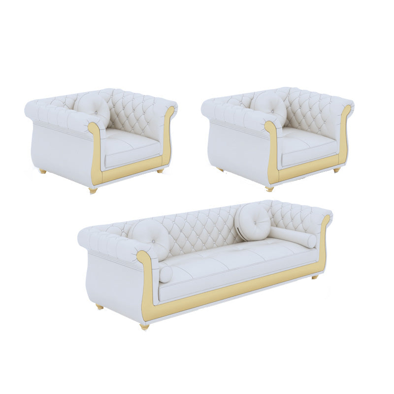 Mid Century Modern White Sofa Genuine Leather Living Room Seating